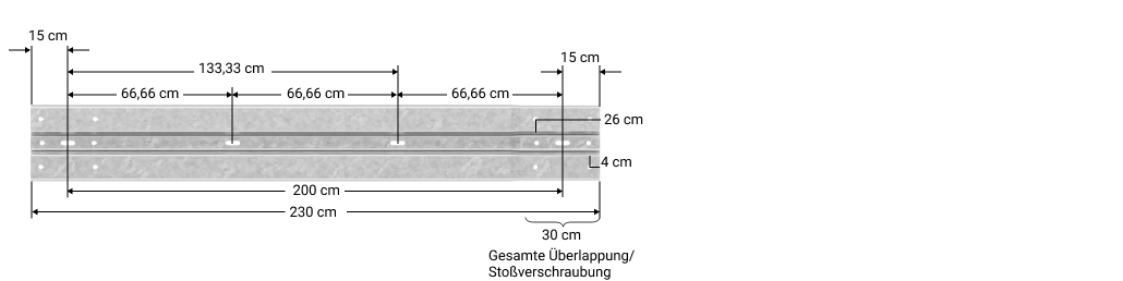 Schutzplanke 230 cm lang Technische Darstellung einer 4,3 m langen Schutzplanke