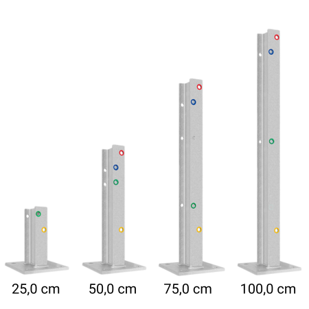 M-Pfosten für Schutzplanken M-Pfosten 25 cm, 50 cm, 75 cm, 100 cm im Vergleich der Größe nach sortiert