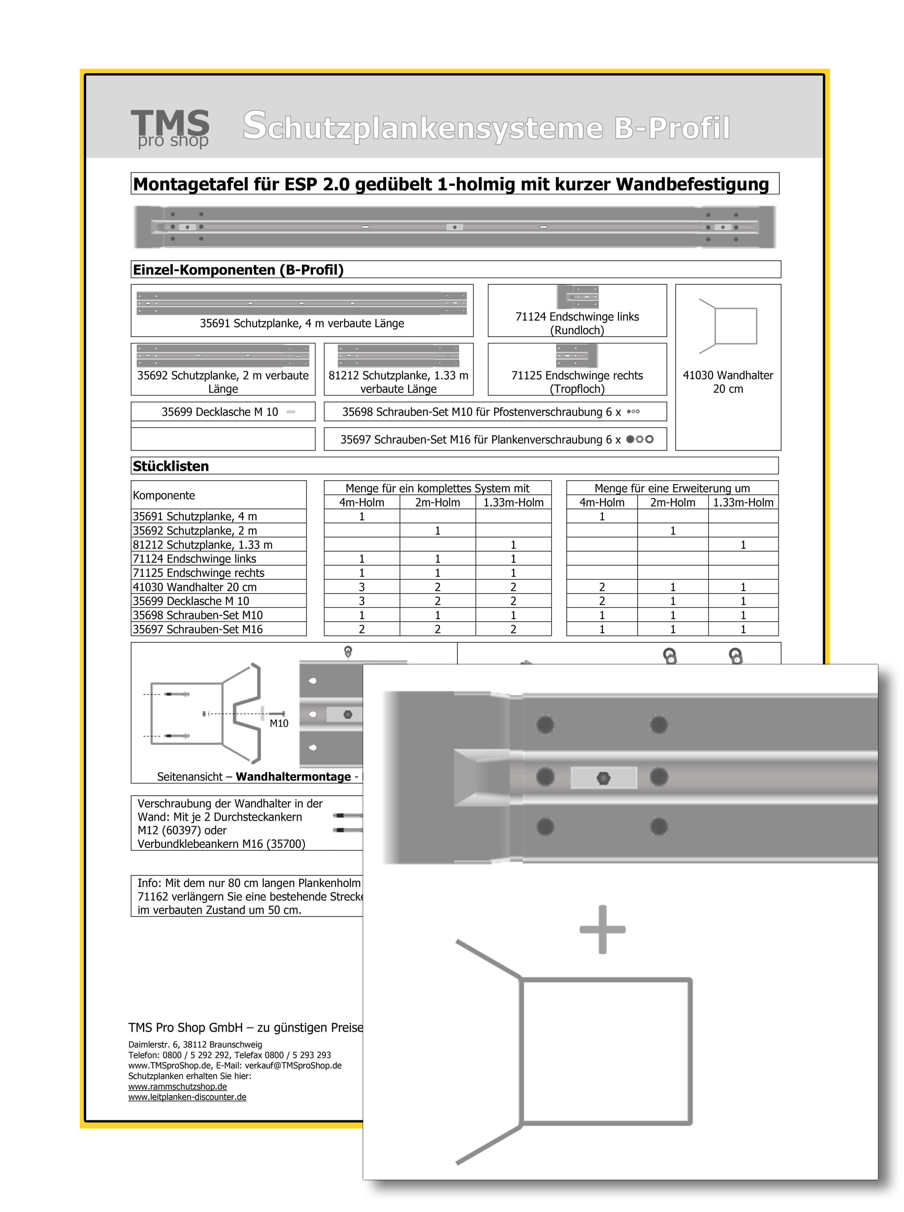 Montagetafel ESP 2.0 Wandbefestigung – kurzer Wandhalter – 1-holmig