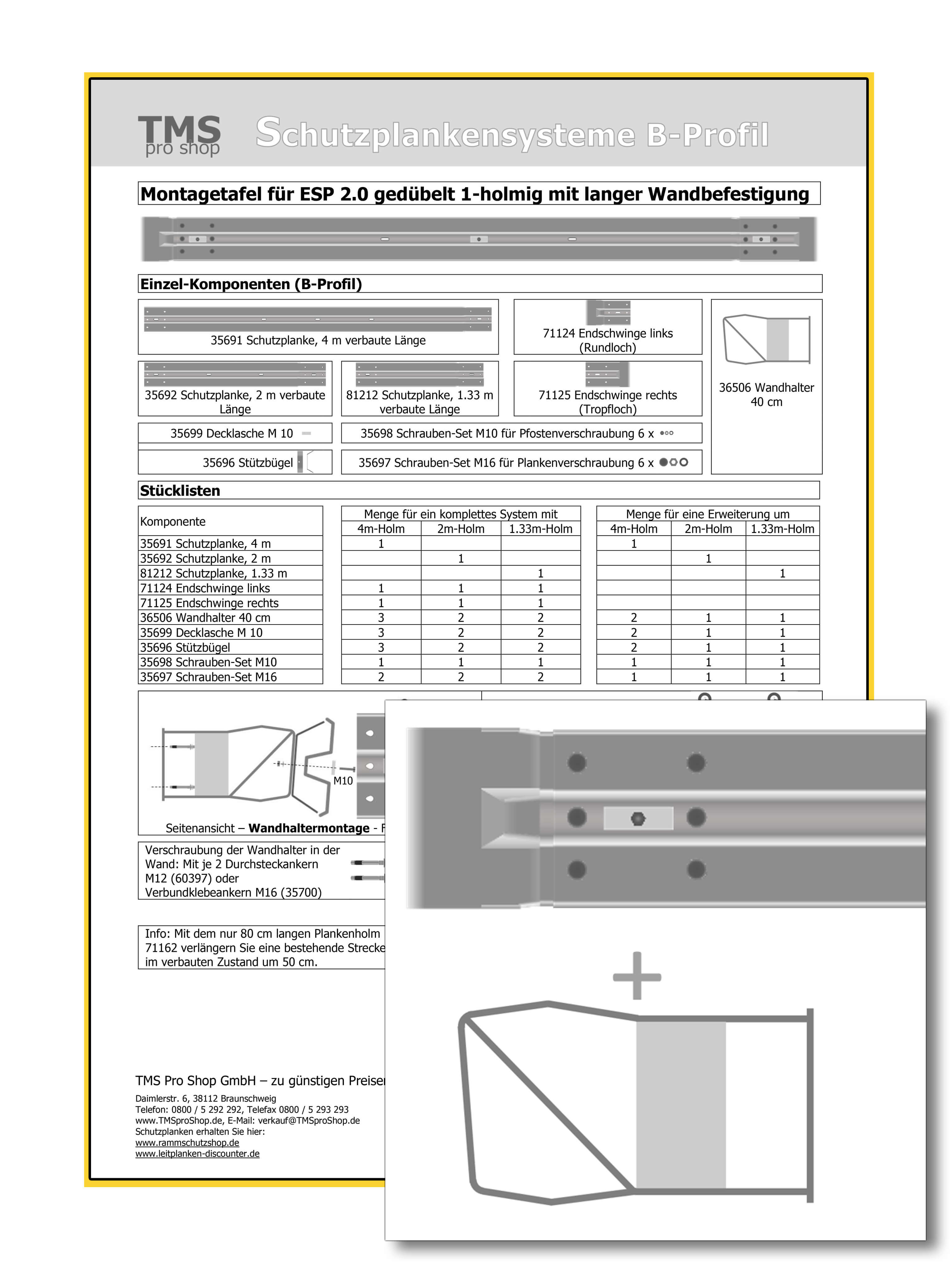 Montagetafel ESP 2.0 Wandbefestigung – langer Wandhalter – 1-holmig